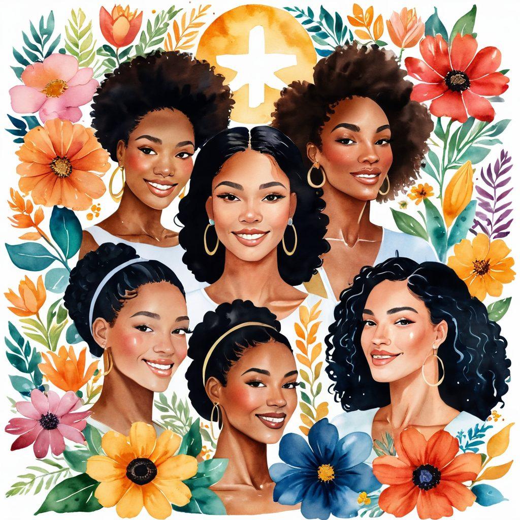 A vibrant collage depicting diverse women of different backgrounds sharing stories, surrounded by symbols of beauty and health like flowers, makeup, and wellness items. Show them in a warm, engaging setting, with a soft glow to evoke positivity and connection. Integrate quotes or phrases symbolizing empowerment and self-care into the background. watercolor style. vibrant colors. warm tones.